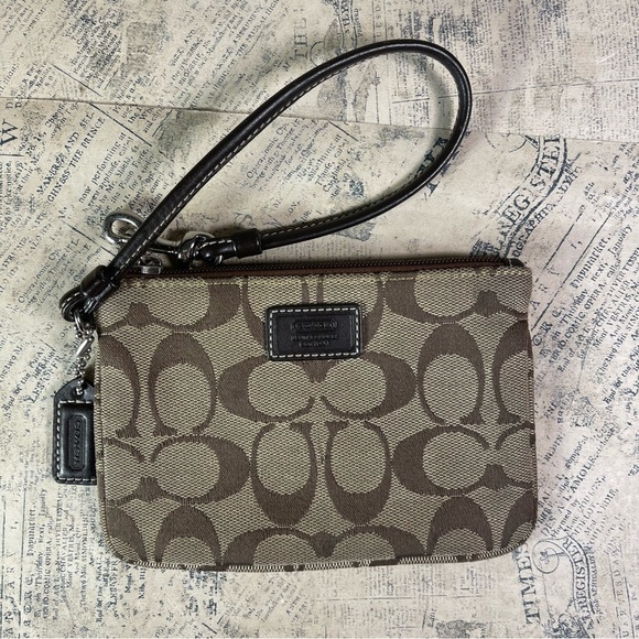 Coach Signature Logo Mini Wristlet in Brown Canvas and Leather - Picture 1 of 9